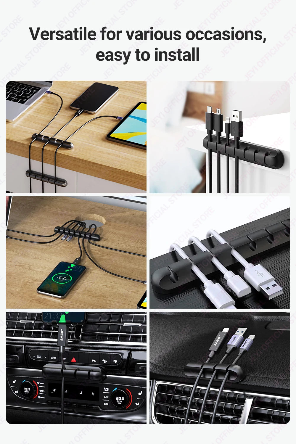 JEYI Adhesive Cable Clips – Cord Organizer for Desk, USB, Power & Charging Cables