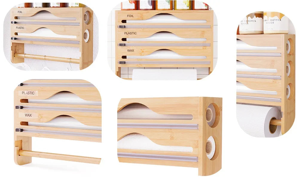 Bamboo Compartment Cling Film and Tin Foil Cutter Box – Wall-Mounted Paper Towel and Kitchen Organizer