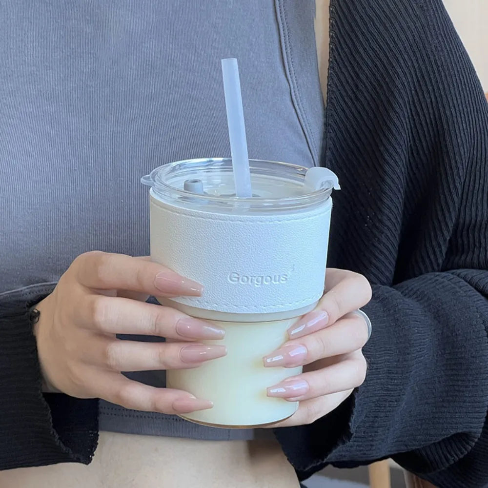 400ml Couple Coffee Mug with Straw and Lid