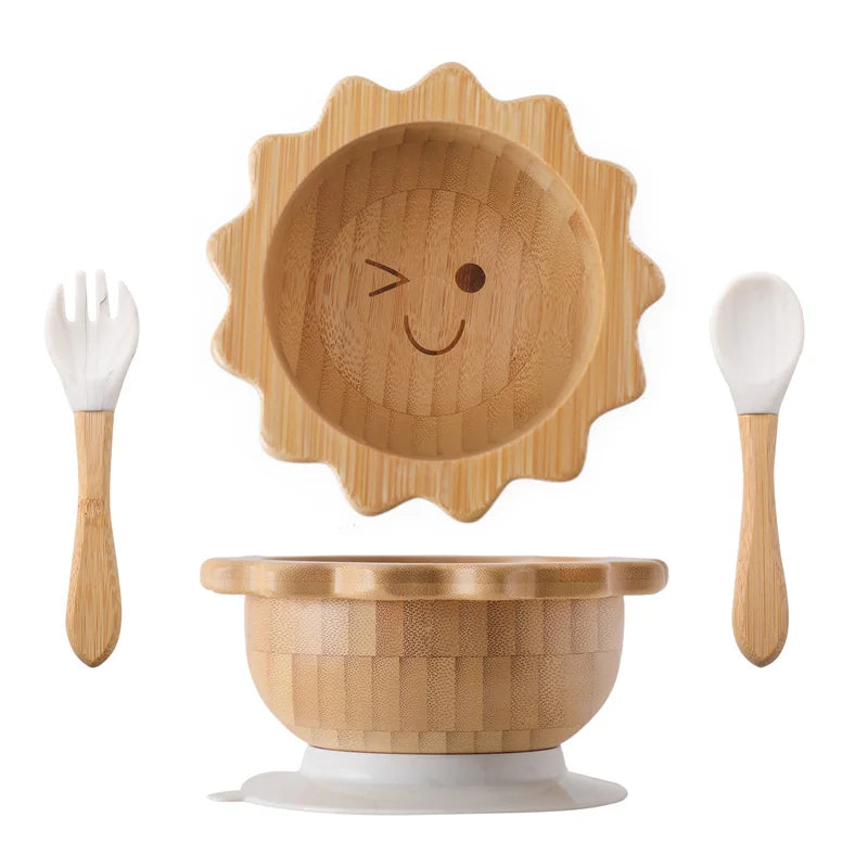 Baby Wooden Tableware Set - Bamboo Plate, Bowl, Fork & Spoon