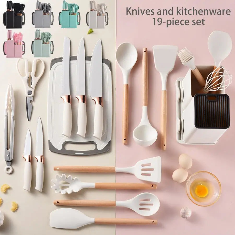 19PCS Food Grade Silicone Kitchenware Set – Cooking Spoons, Shovel, Cutting Board, Knives & More
