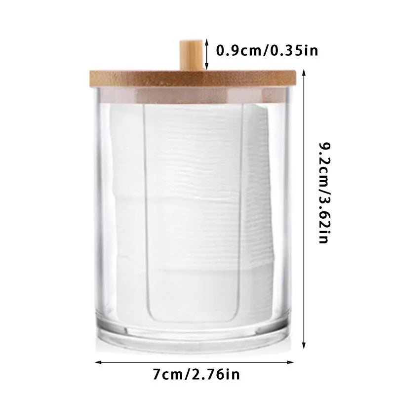 Cotton Swab Organizer with Bamboo Cover – Acrylic Round Makeup Storage Box