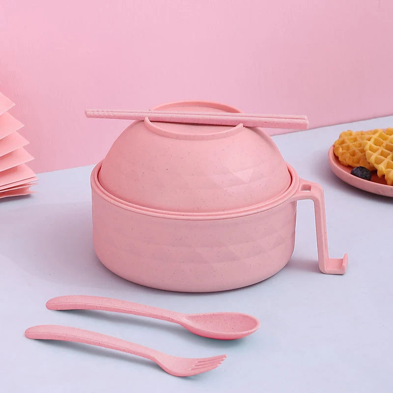 Microwave Ramen Bowl Cooker Set – Wheat Straw Instant Noodles Bowl with Handles, Includes Spoon, Chopsticks, and Fork