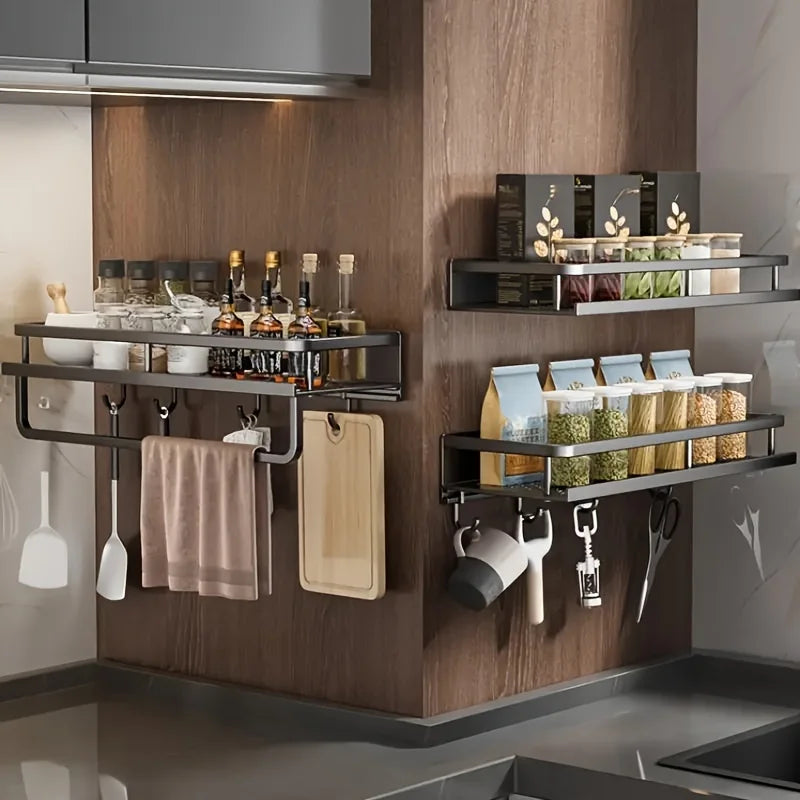 Aluminum Wall-Mounted Shelf – Multifunctional Kitchen Spice Storage Rack, Kitchen Space Management Solution