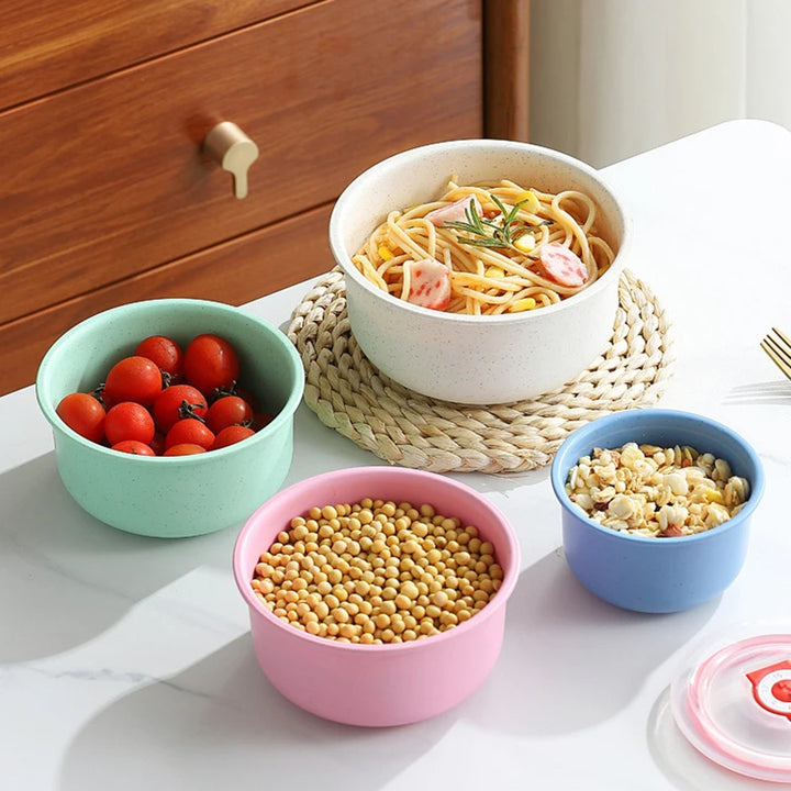 3PCS Wheat Straw Fresh-Keeping Bowl Set – Microwaveable Plastic Round Lunch Box with Lid
