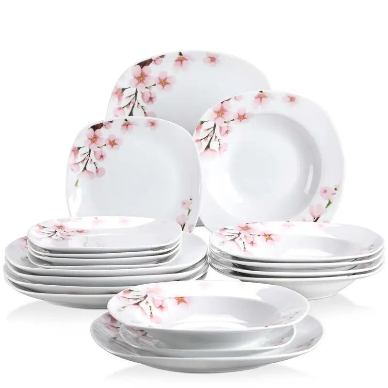 Porcelain Dinnerware Set – White Dish Set with Pink Floral Design for 4/6 People