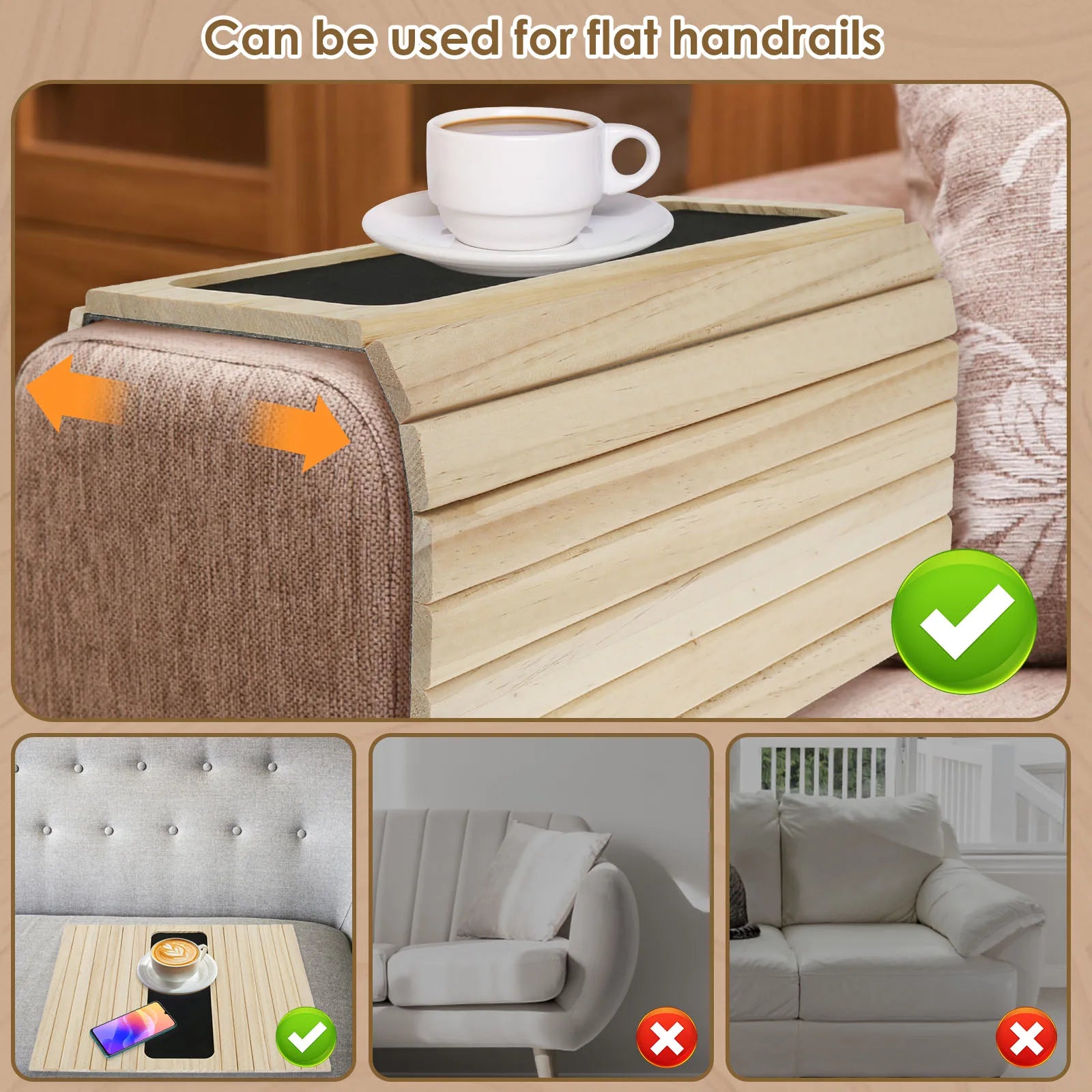 Couch Cup Holder Bamboo Wood Sofa Armrest Tray Foldable Sofa Cup Holder Anti-Slip Couch Arm Cup Holder Sofa Side Storage Tray