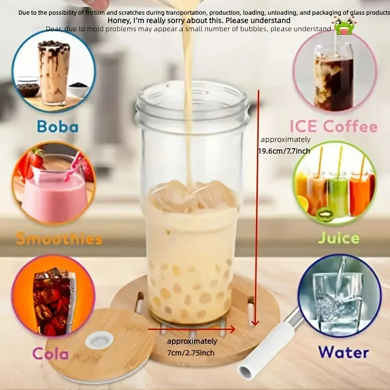 750ML Glass Cup with Wooden Lid and Straw – Bubble Tea, Cold Drinks, Coffee, Juice, Milk, and More