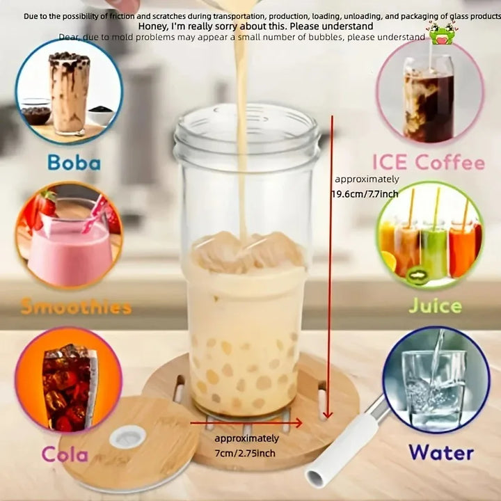 750ML Glass Cup with Wooden Lid and Straw – Bubble Tea, Cold Drinks, Coffee, Juice, Milk, and More