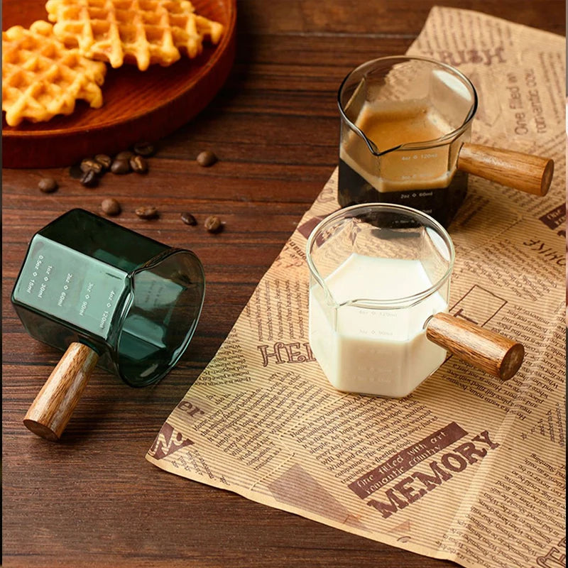 120ml Glass Espresso Measuring Cup – Hexagon Milk Jug with Wood Handle for Coffee, Sauce, and Serving
