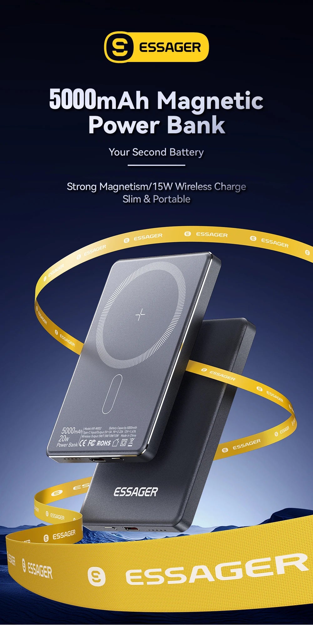 Essager 5000mAh Magnetic Wireless Power Bank – 20W Fast Charging for iPhone 16/15/14/13 (MagSafe Compatible)