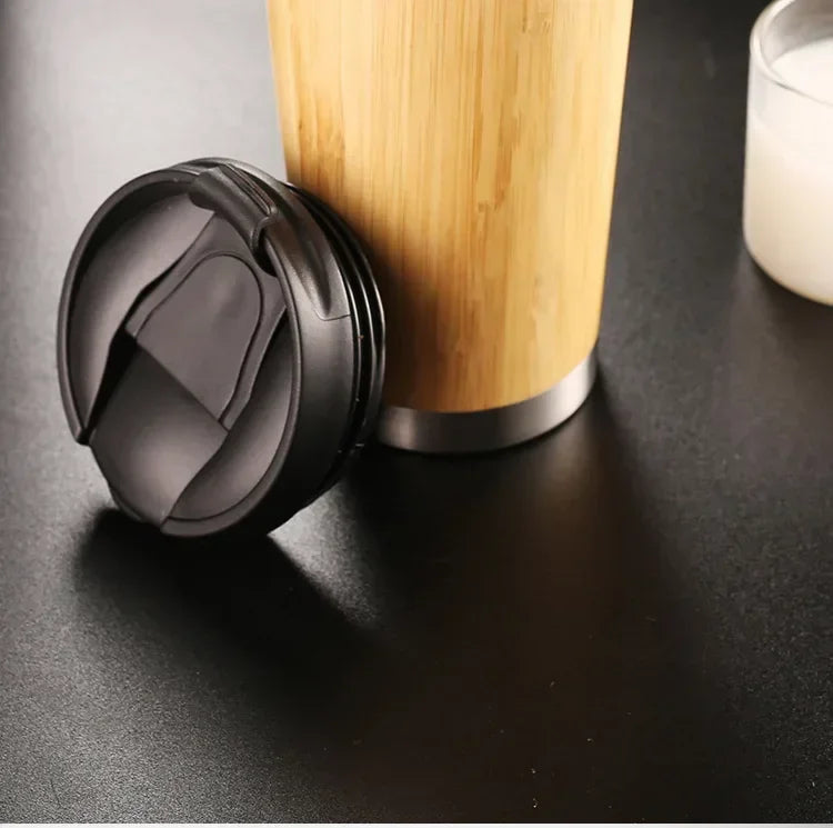 Stainless Steel Bamboo Thermos – 16oz Vacuum Insulated Water Bottle with Flip Lid