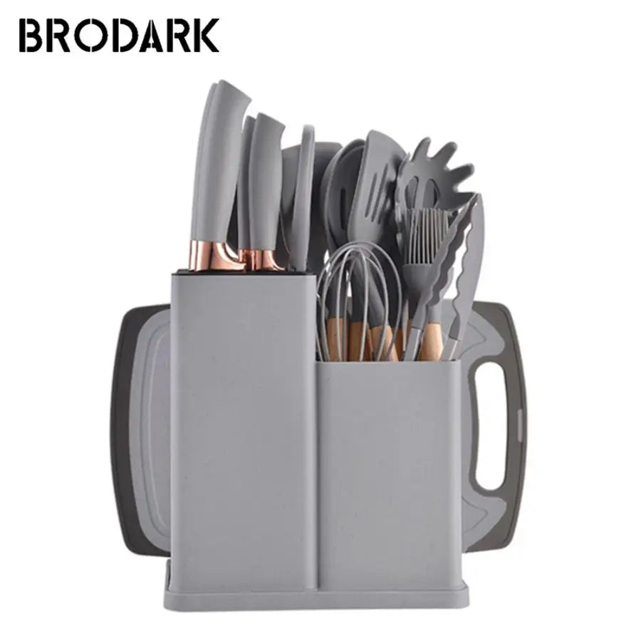 19PCS Food Grade Silicone Kitchenware Set – Cooking Spoons, Shovel, Cutting Board, Knives & More