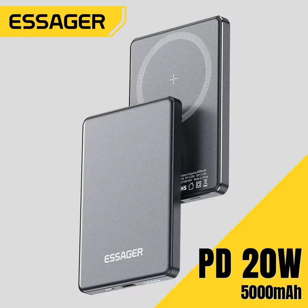 Essager 5000mAh Magnetic Wireless Power Bank – 20W Fast Charging for iPhone 16/15/14/13 (MagSafe Compatible)