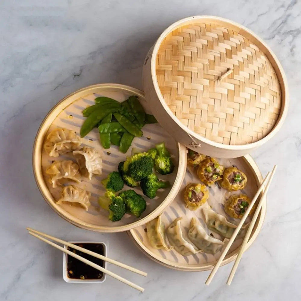 Bamboo Steamer Basket with Lid for Dumplings & Bao Buns