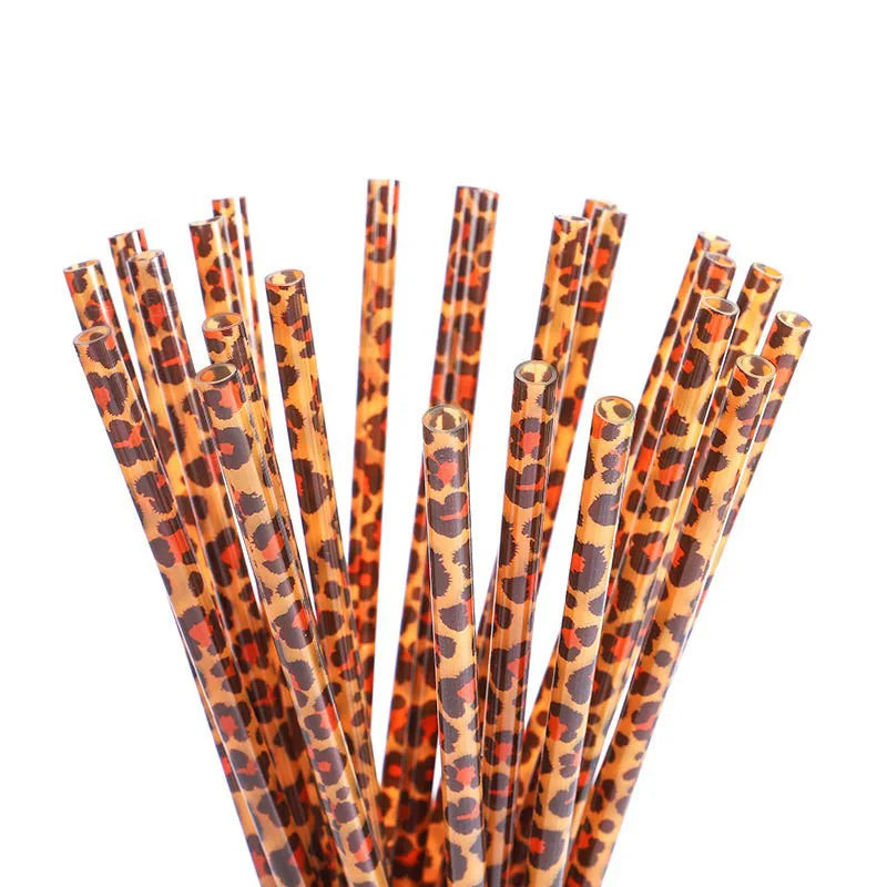 10/20pcs Reusable Leopard Print Plastic Straws – 230mm with Cleaning Brush