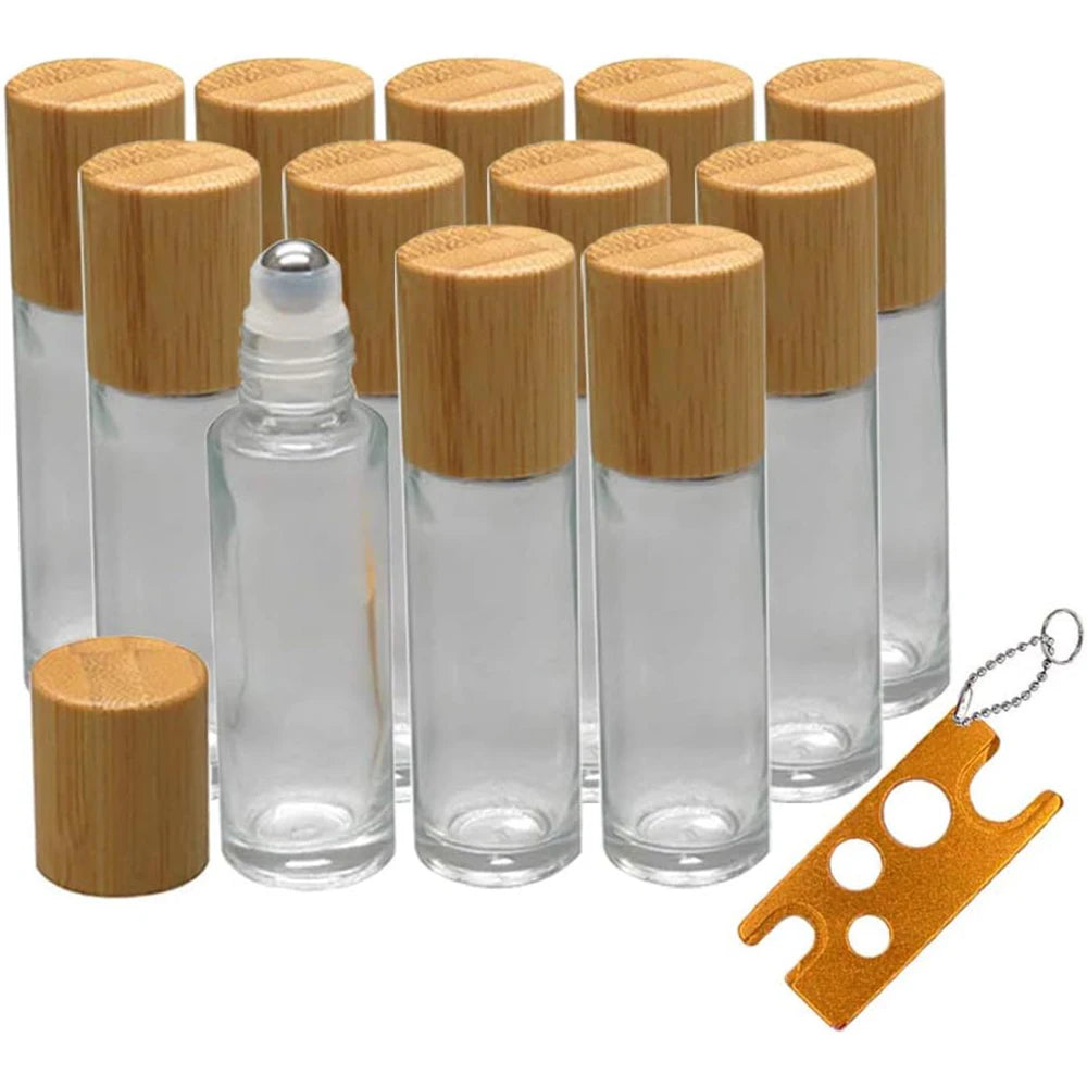 12pcs 10ml Glass Roll-On Bottles – Refillable Essential Oil & Perfume Bottles with Bamboo Lids