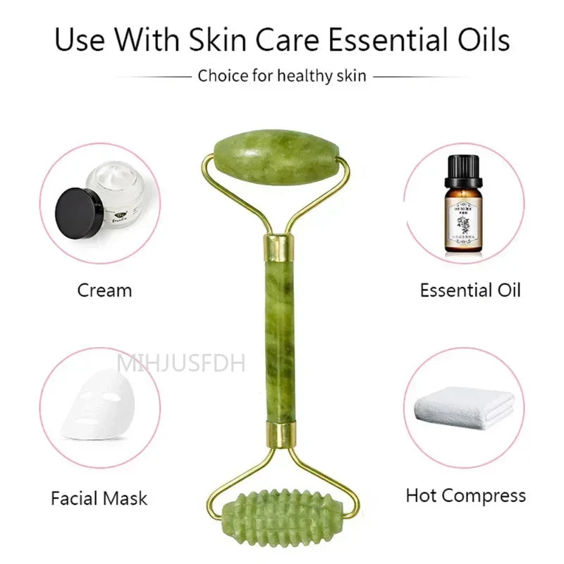 Natural Jade Roller Massager – Face, Body, Back & Foot Massage Roller, Facial Lifting & Anti-Wrinkle Double-End Gua Sha Jade Stone
