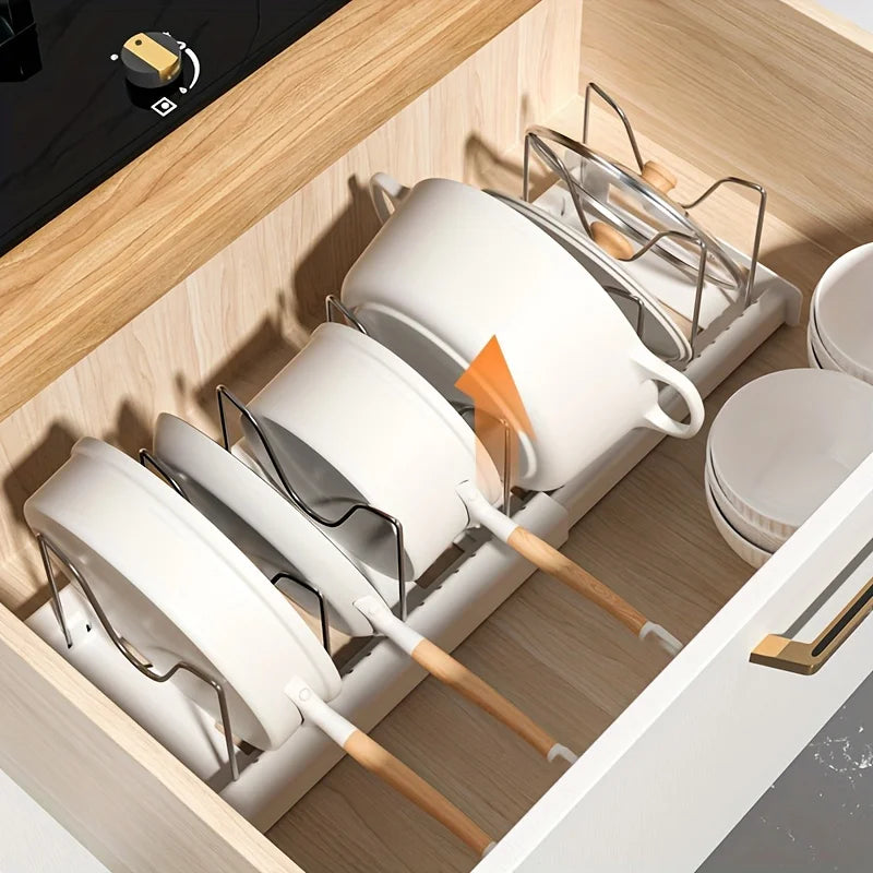 Expandable Pot & Pan Organizer Rack – Adjustable Kitchen Cabinet Storage Solution