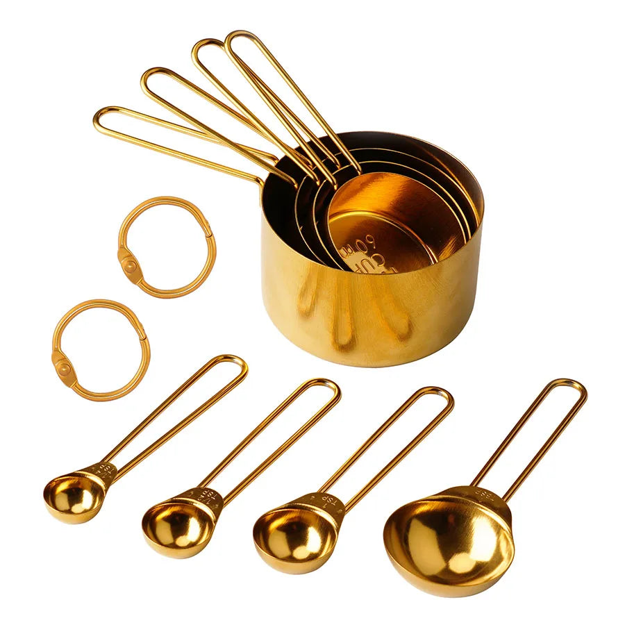 4PCS/8PCS Titanium Gold Stainless Steel Measuring Cup and Spoon Set – Kitchen Thread Handle for Flour, Grains, and Baking