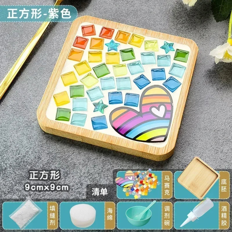 Handmade DIY Mosaic Cup Mat – Bamboo Pad Heart & Square Coaster for Parent-Child Early Education Crafting