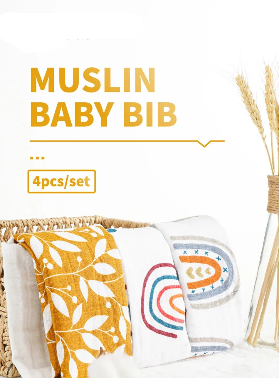 5PCS Gift Set Bamboo Cotton Muslin Bib & Burp Cloth – 60x60cm, 2 Layers Baby Scarf Handkerchief