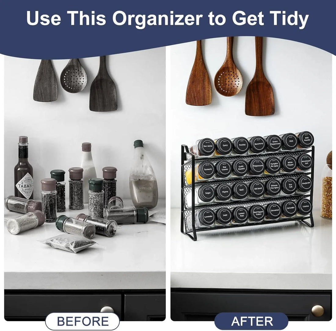 Spice Rack Organizer for Cabinet – 28 Empty Spice Jars with Black Lids