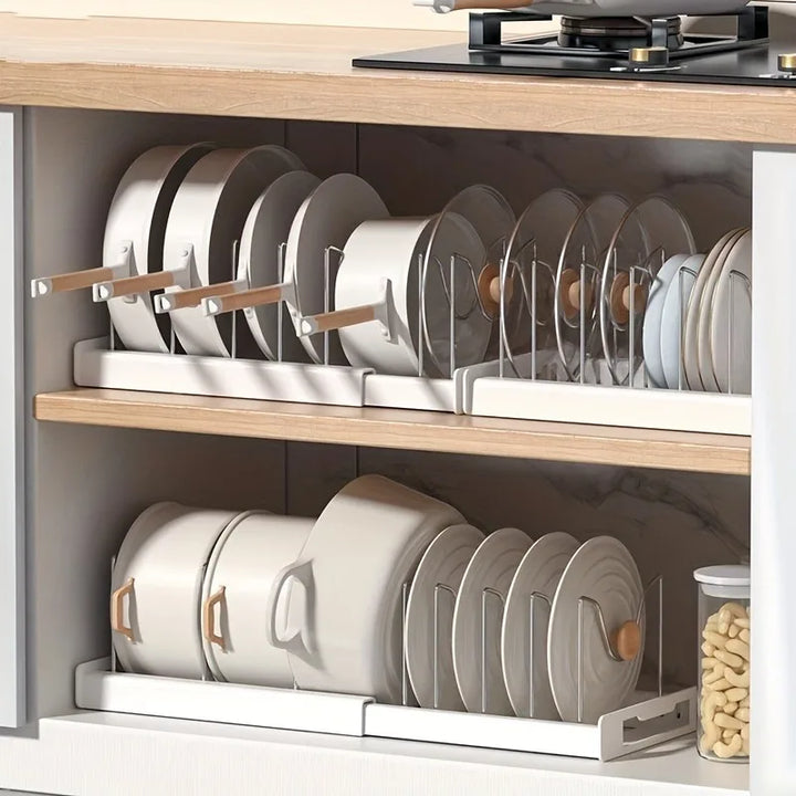 Expandable Pot & Pan Organizer Rack – Adjustable Kitchen Cabinet Storage Solution