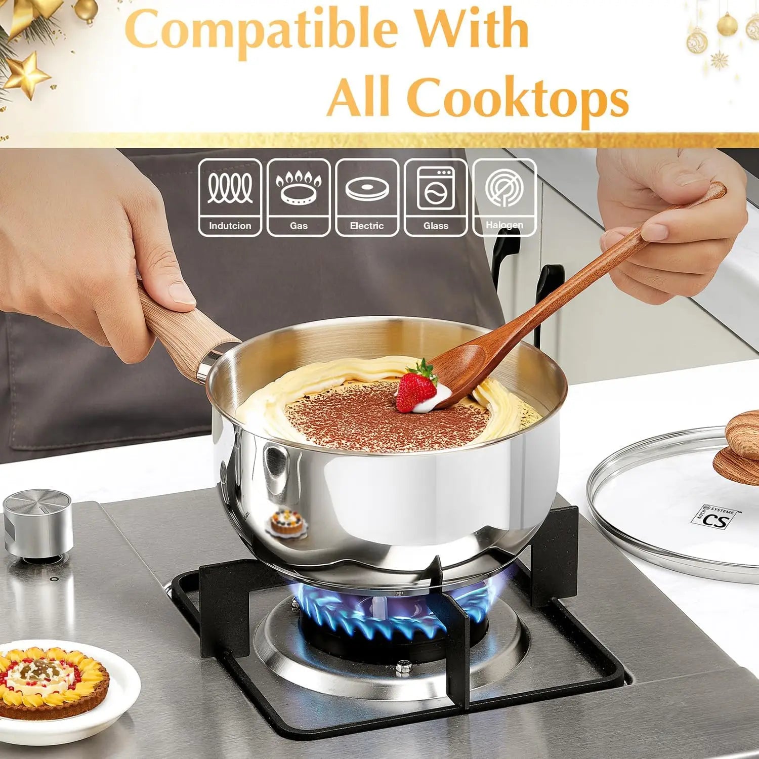 Stainless Steel Saucepan Set – 4-Piece Set with 1 QT & 2 QT Saucepans, Cool-Touch Bakelite Handles, Lids Included