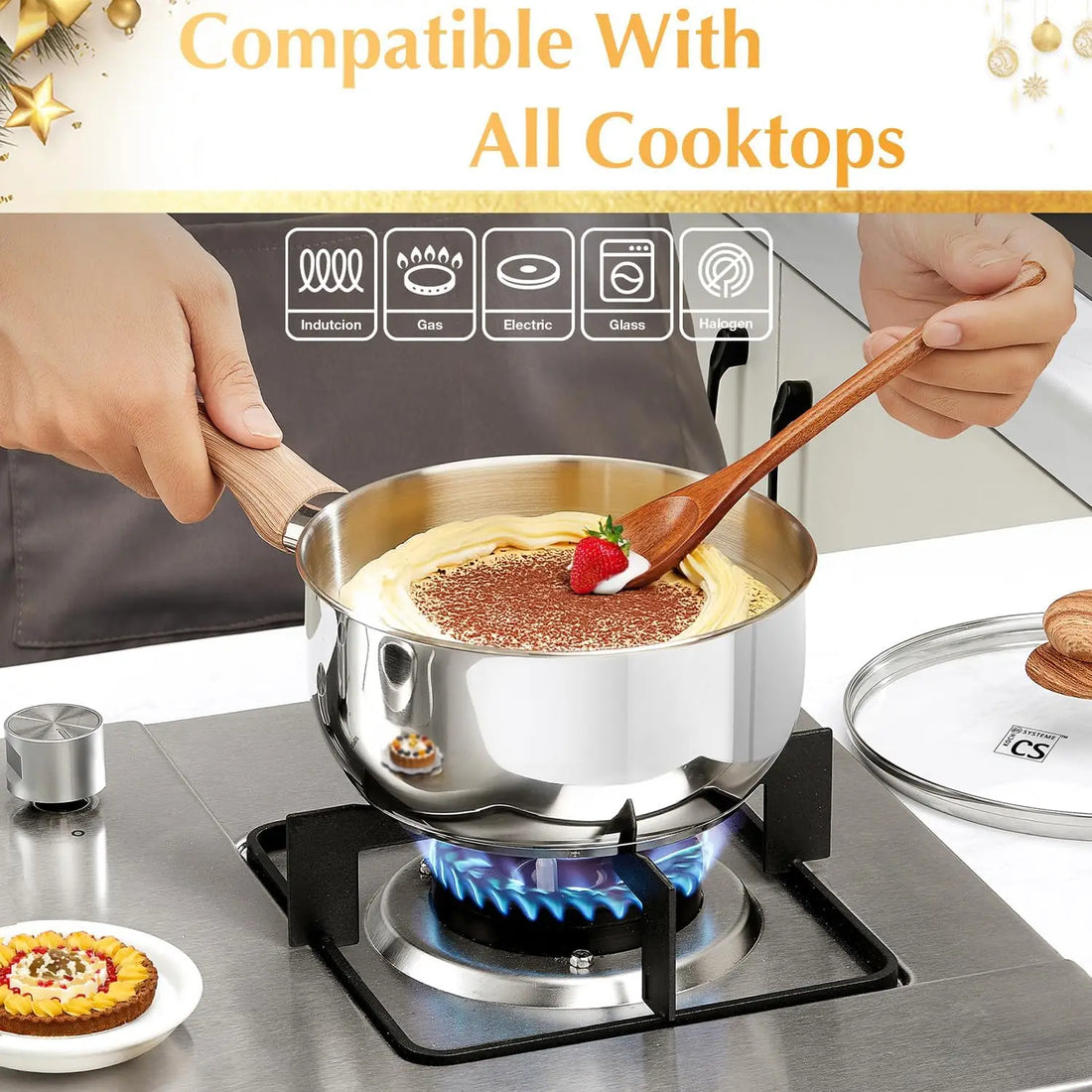 Stainless Steel Saucepan Set – 4-Piece Set with 1 QT & 2 QT Saucepans, Cool-Touch Bakelite Handles, Lids Included