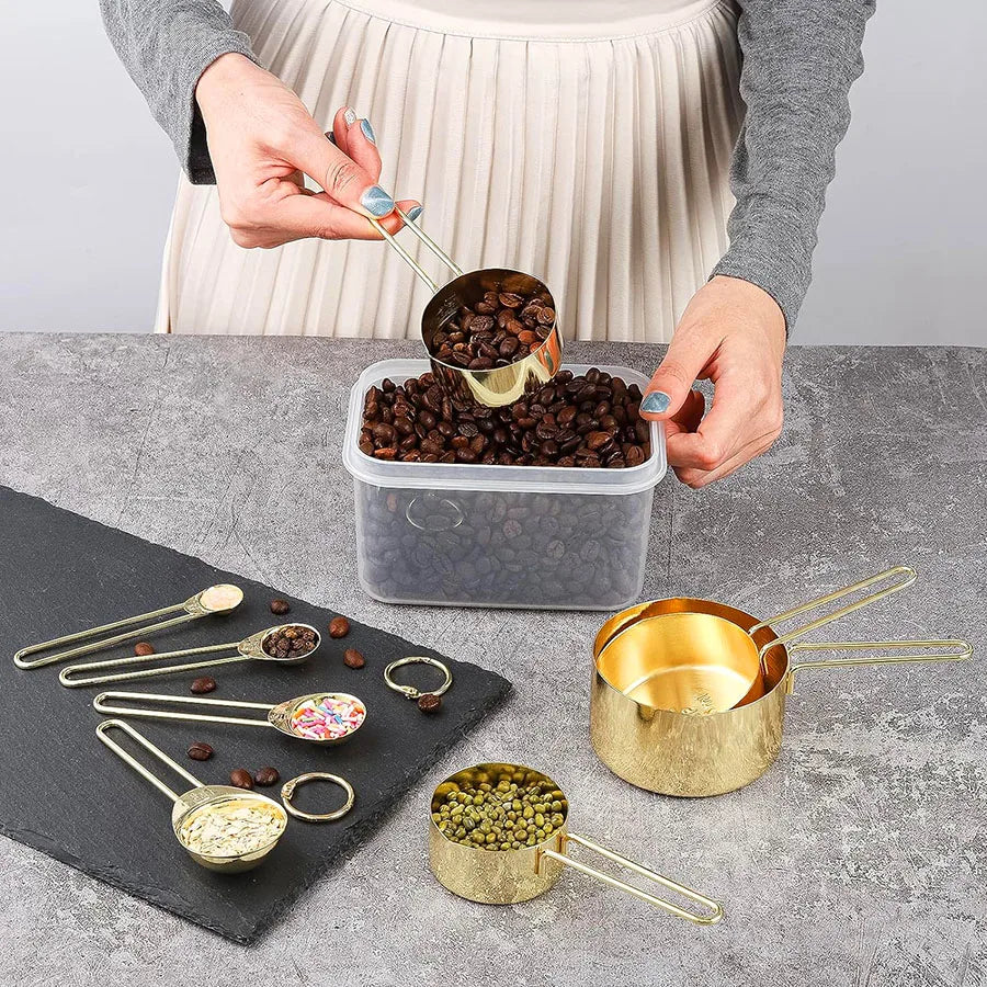 4PCS/8PCS Titanium Gold Stainless Steel Measuring Cup and Spoon Set – Kitchen Thread Handle for Flour, Grains, and Baking