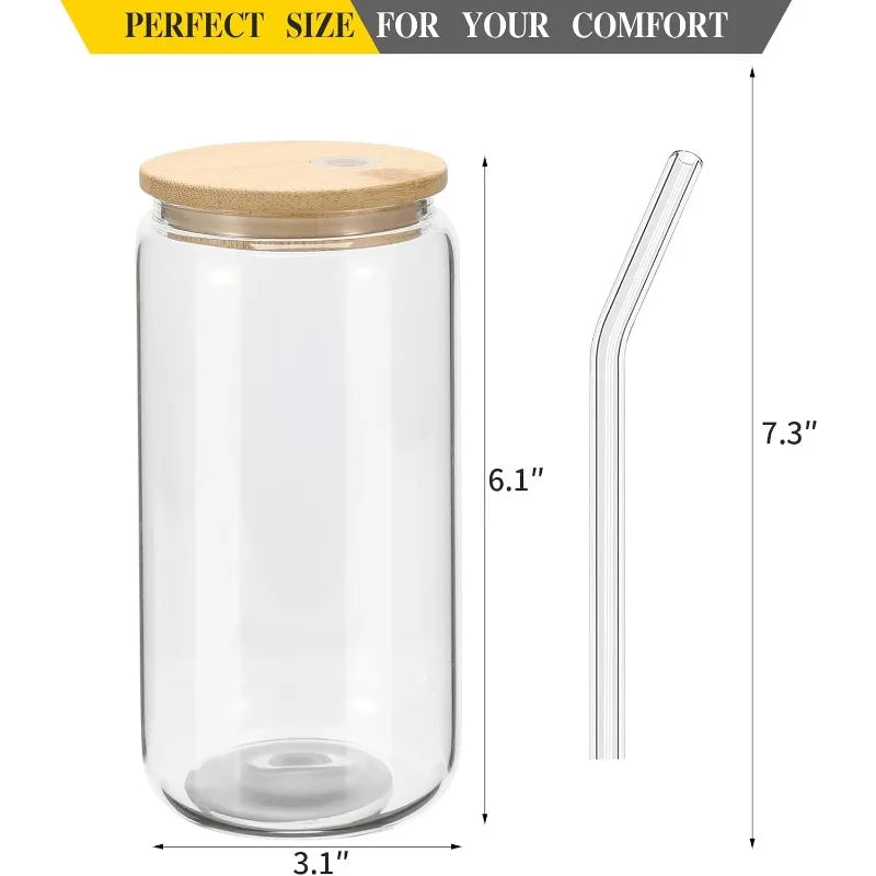 20-Pack Glass Cups with Bamboo Lids and Glass Straws – 16oz Beer Can Shaped Drinking Glasses