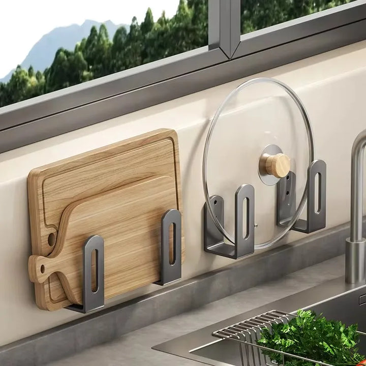 2pcs Wall-Mounted Pot Lid & Cutting Board Rack – Multifunctional Kitchen/Bathroom Organizer Set