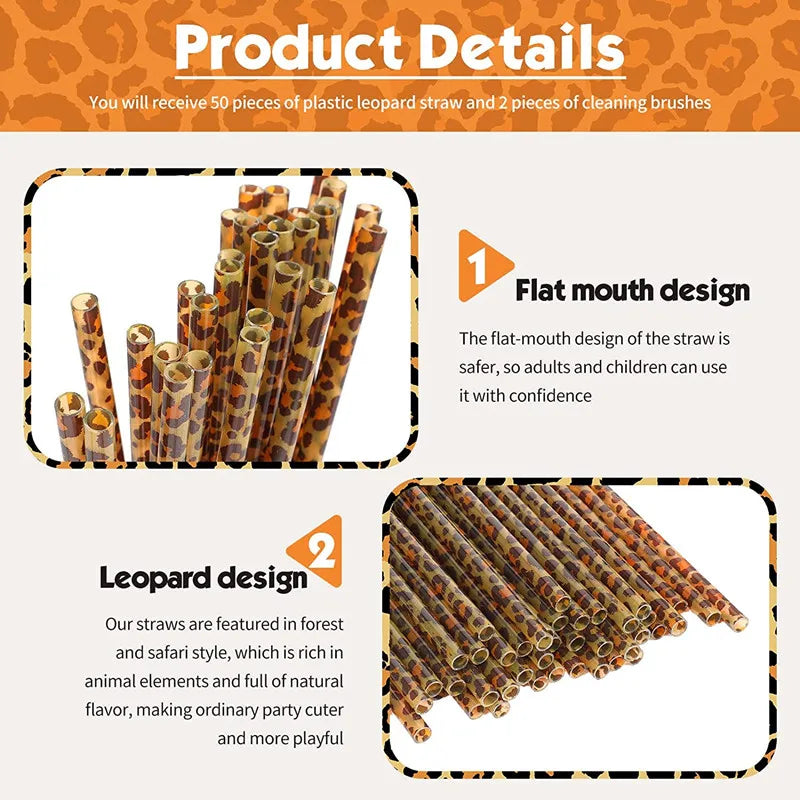 10/20pcs Reusable Leopard Print Plastic Straws – 230mm with Cleaning Brush
