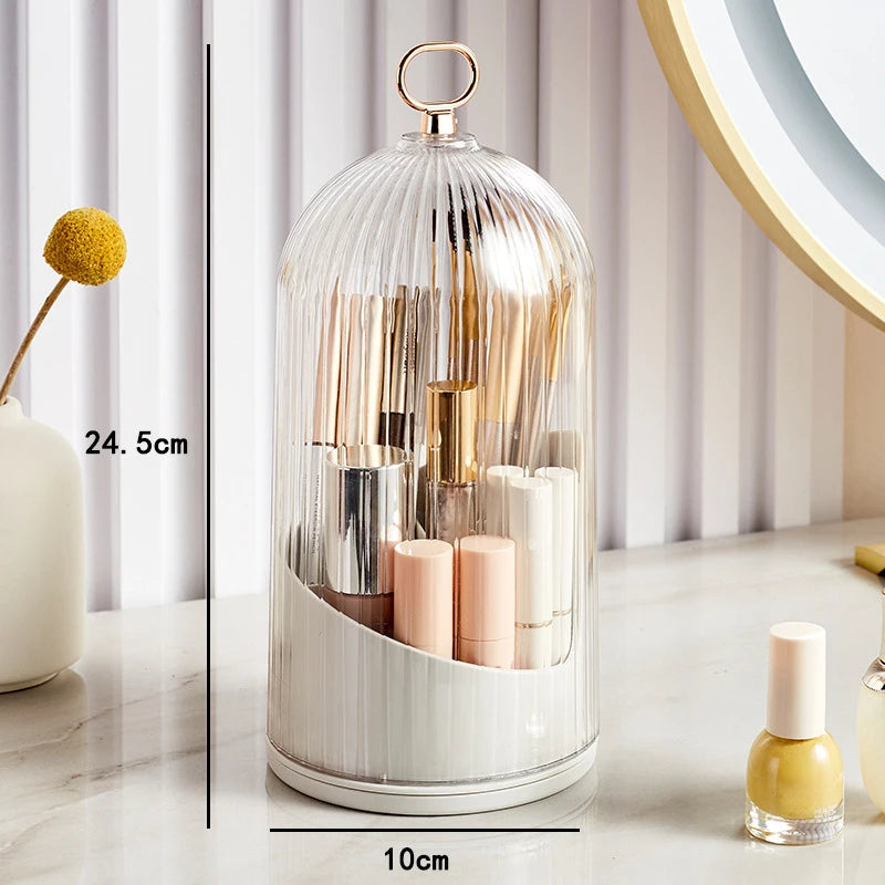 360° Rotating Makeup Brush Holder with Lid – Desktop Makeup Organizer, Cosmetic Storage Box for Lipstick, Eyebrow Tools & More