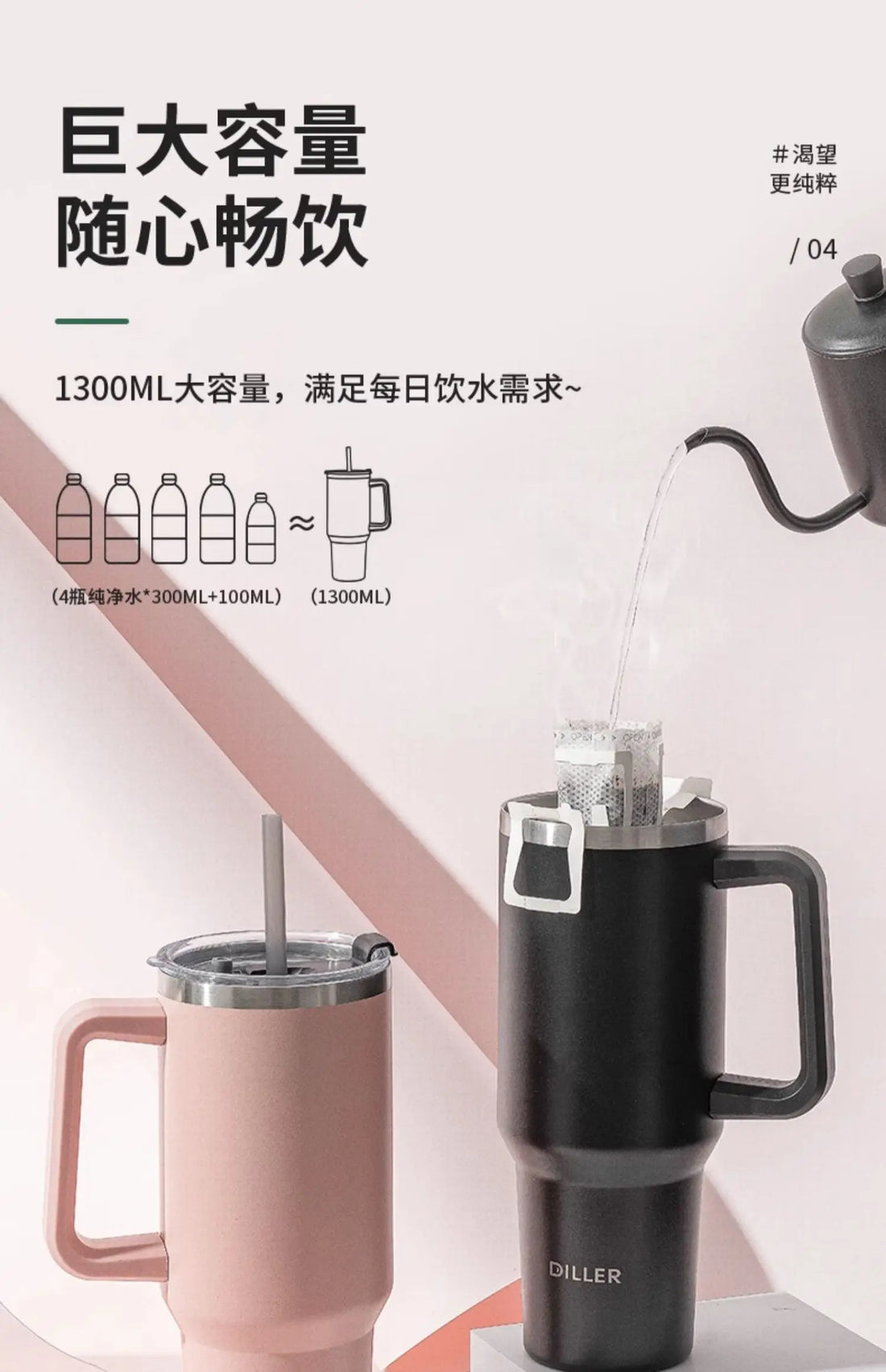 Diller 1300ml Insulated Straw Cup – Stainless Steel