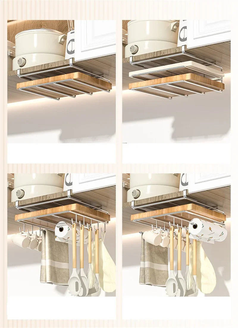 Stainless Steel Kitchen Hanging Organizer Rack – Hooks, Towel Bar, Pot Lid & Cutting Board Storage