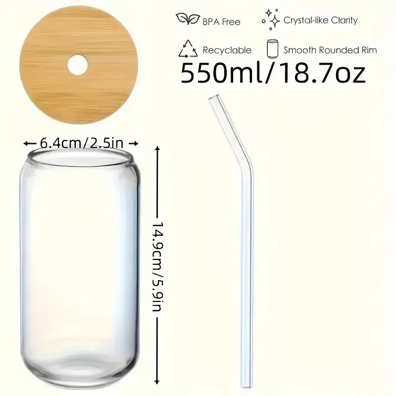 4/6-Piece Glass Cup Set – 17.8oz/550ml with Bamboo Lid and Straw – Mason Jar Water Cup
