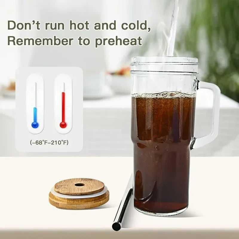 750ML Glass Cup with Wooden Lid and Straw – Bubble Tea, Cold Drinks, Coffee, Juice, Milk, and More