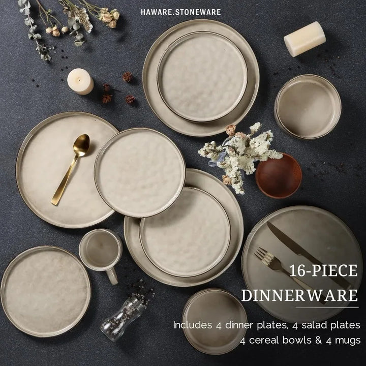 16-Piece Stoneware Dinnerware Set – Plates and Bowls Set for 4, Elegant Ceramic Dishware for Home & Restaurant