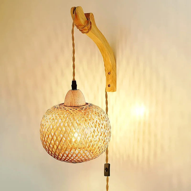 Bamboo Rattan Wall Lamp – Handwoven Natural Wicker Light Fixture with E27 Socket