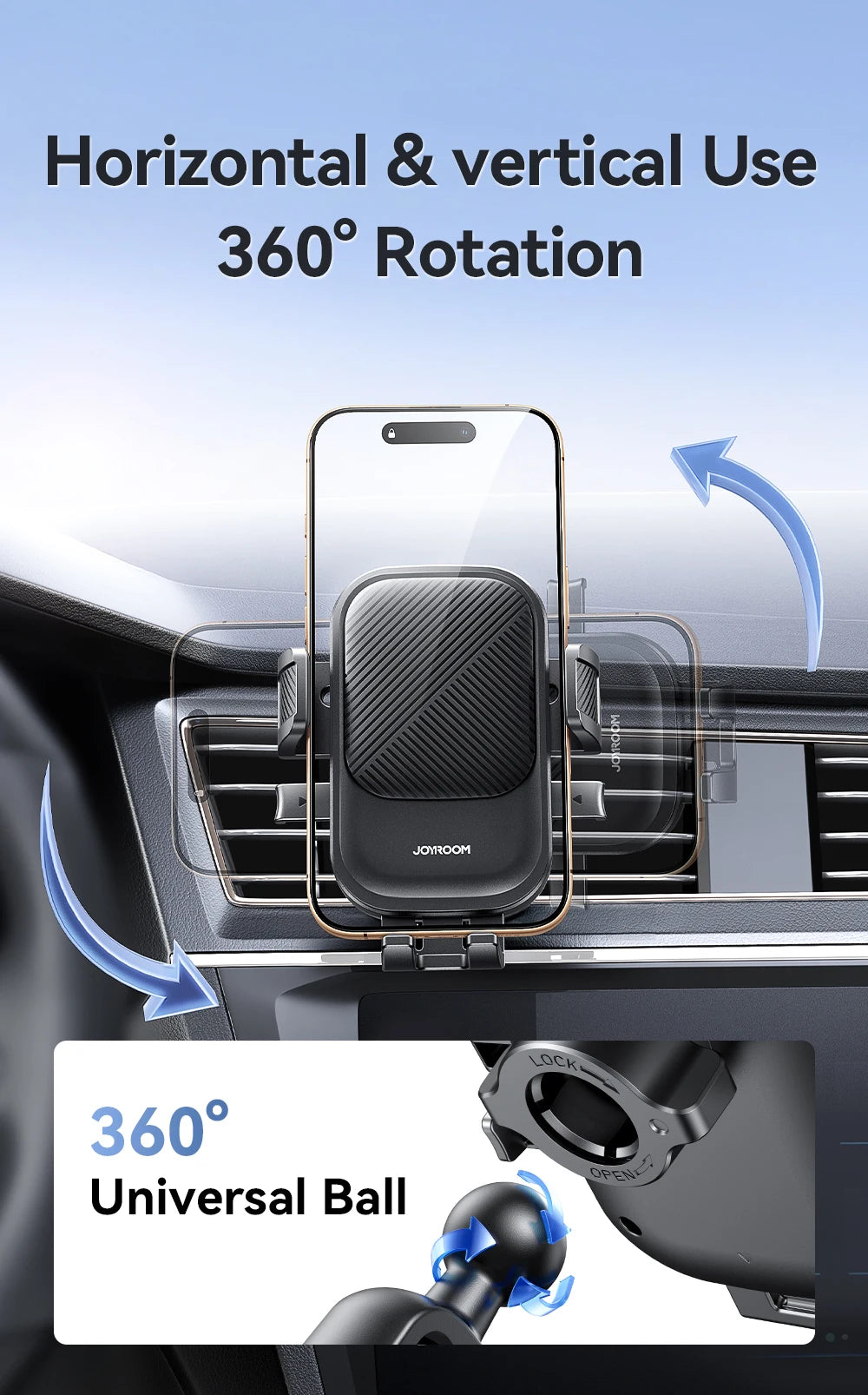 Joyroom Car Phone Holder – Air Vent Mount with 360° Rotation for iPhone, Samsung, Xiaomi, Huawei