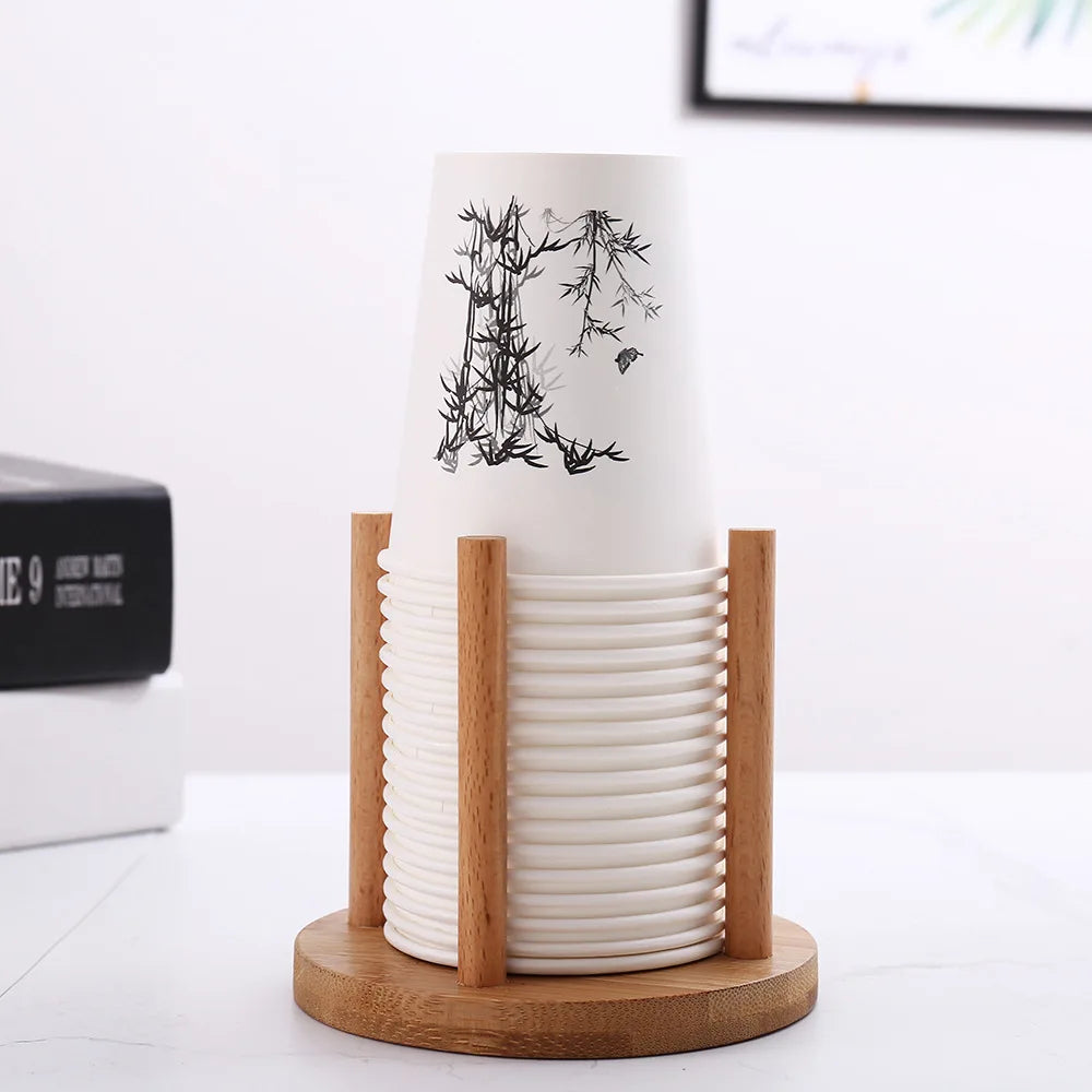 1PC Bamboo Wooden Cup Storage Rack – Creative Round Desktop Holder for Disposable Paper Cups