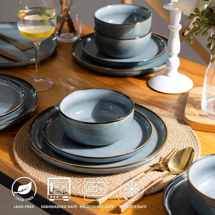 Ceramic Dinnerware Set for 4 – 12 Pieces Stoneware Plates and Bowls, Reactive Glaze, Scratch Resistant