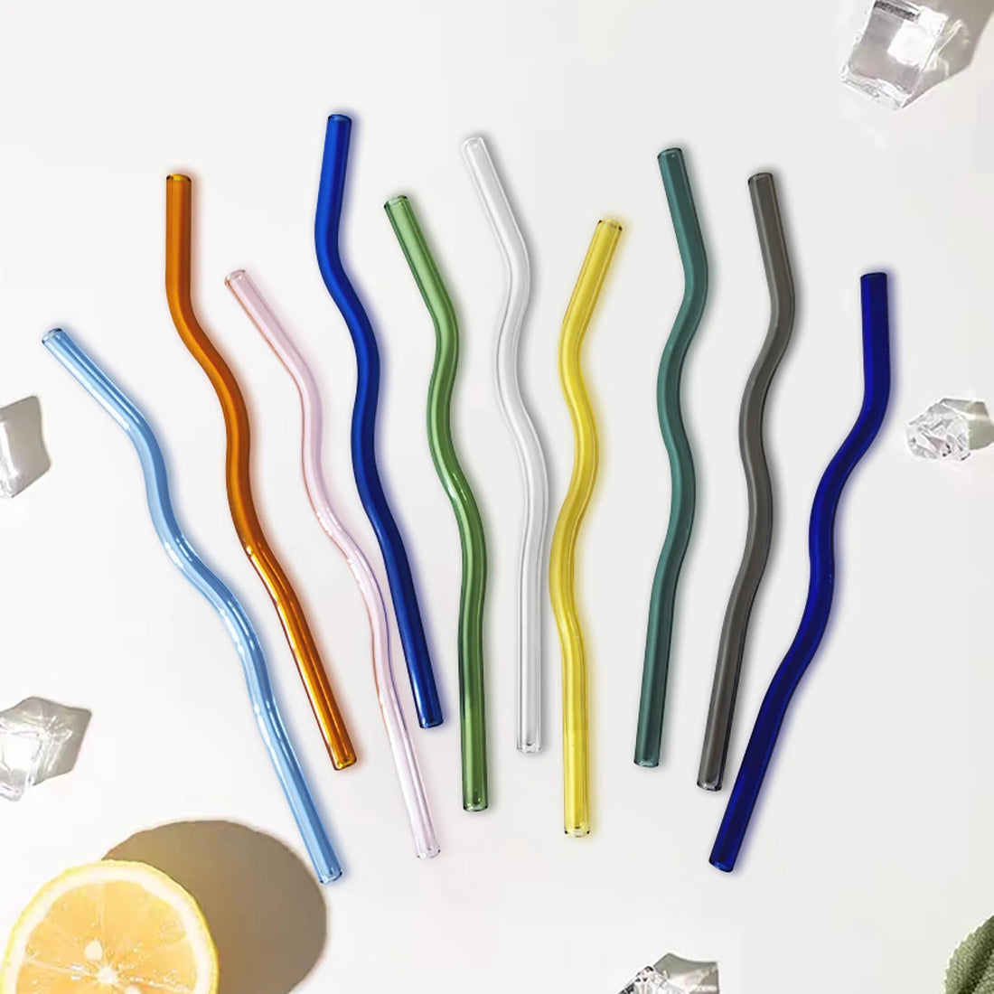 4PCS Wavy Glass Straws – Colorful Drinking Straw Set with Cleaning Brush