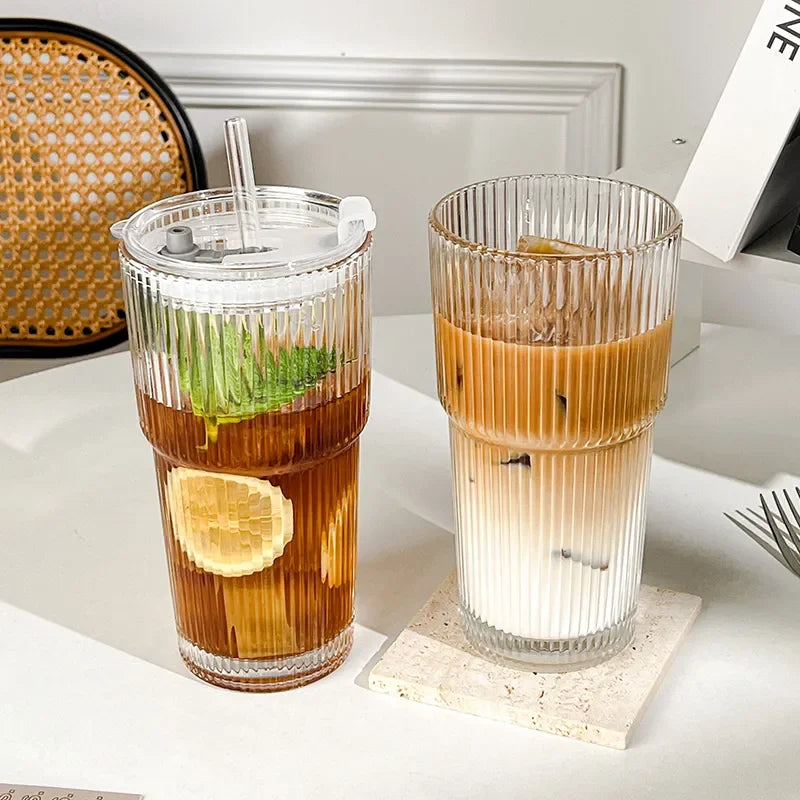 600ML Stripe Glass Coffee Cup with Lid and Straw – Transparent Drinking Glass for Juice, Milk, Tea, and Iced Coffee