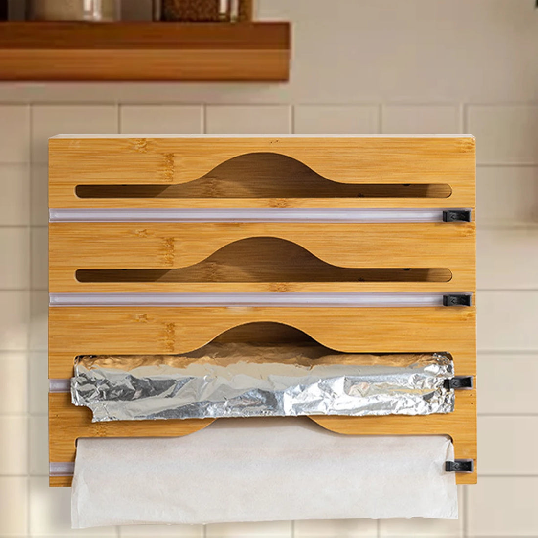 Bamboo Kitchen Wrap Dispenser with Foil & Film Cutter