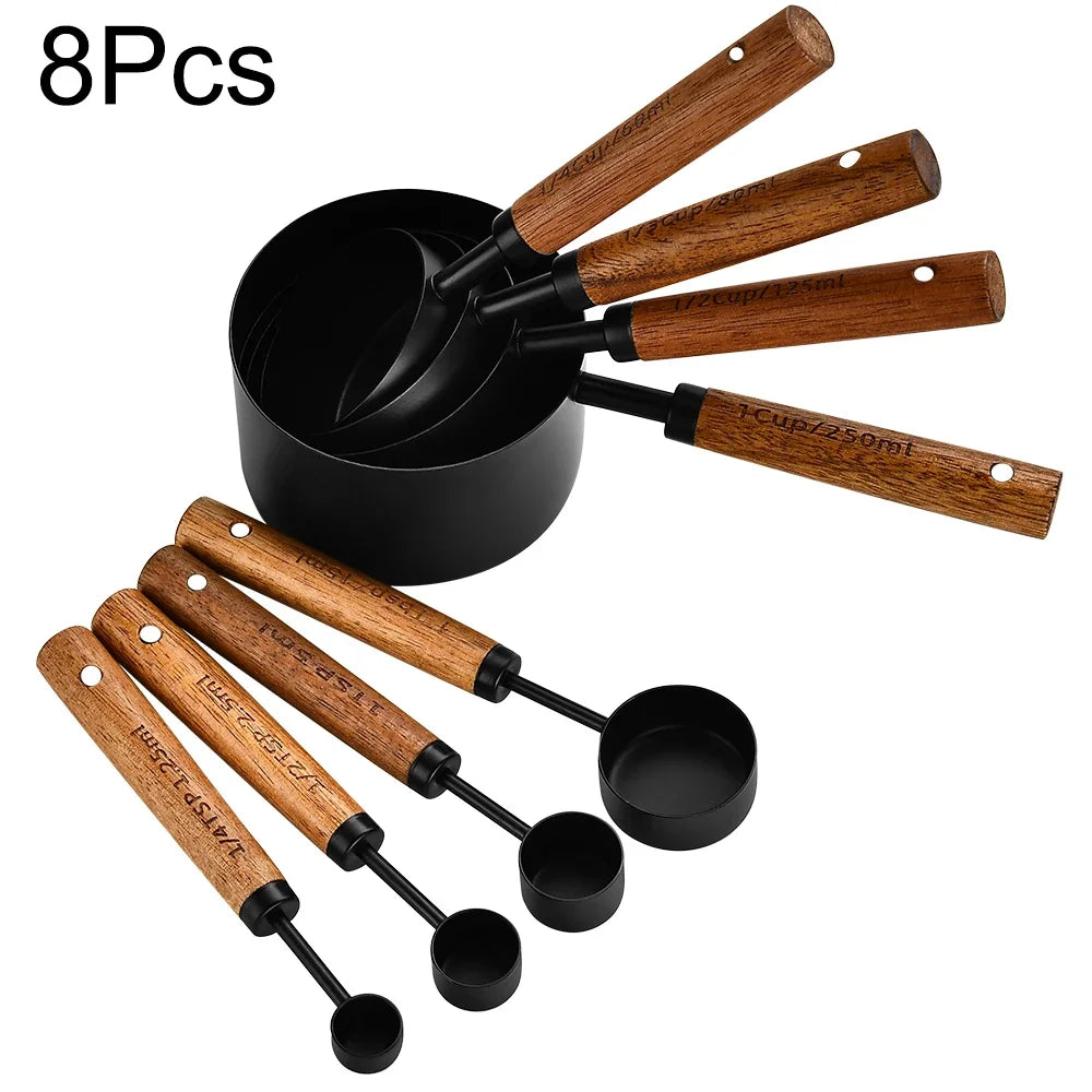 1/4/8PCS Measuring Cup Spoon Set – Stainless Steel with Wooden Handle, Coffee, Flour, Bartending & Kitchen Cooking Gadget
