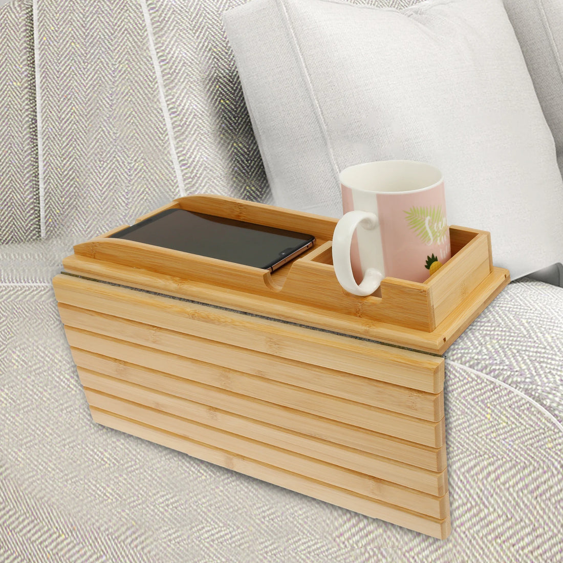 Couch Cup Holder Bamboo Wood Sofa Armrest Tray Foldable Sofa Cup Holder Anti-Slip Couch Arm Cup Holder Sofa Side Storage Tray