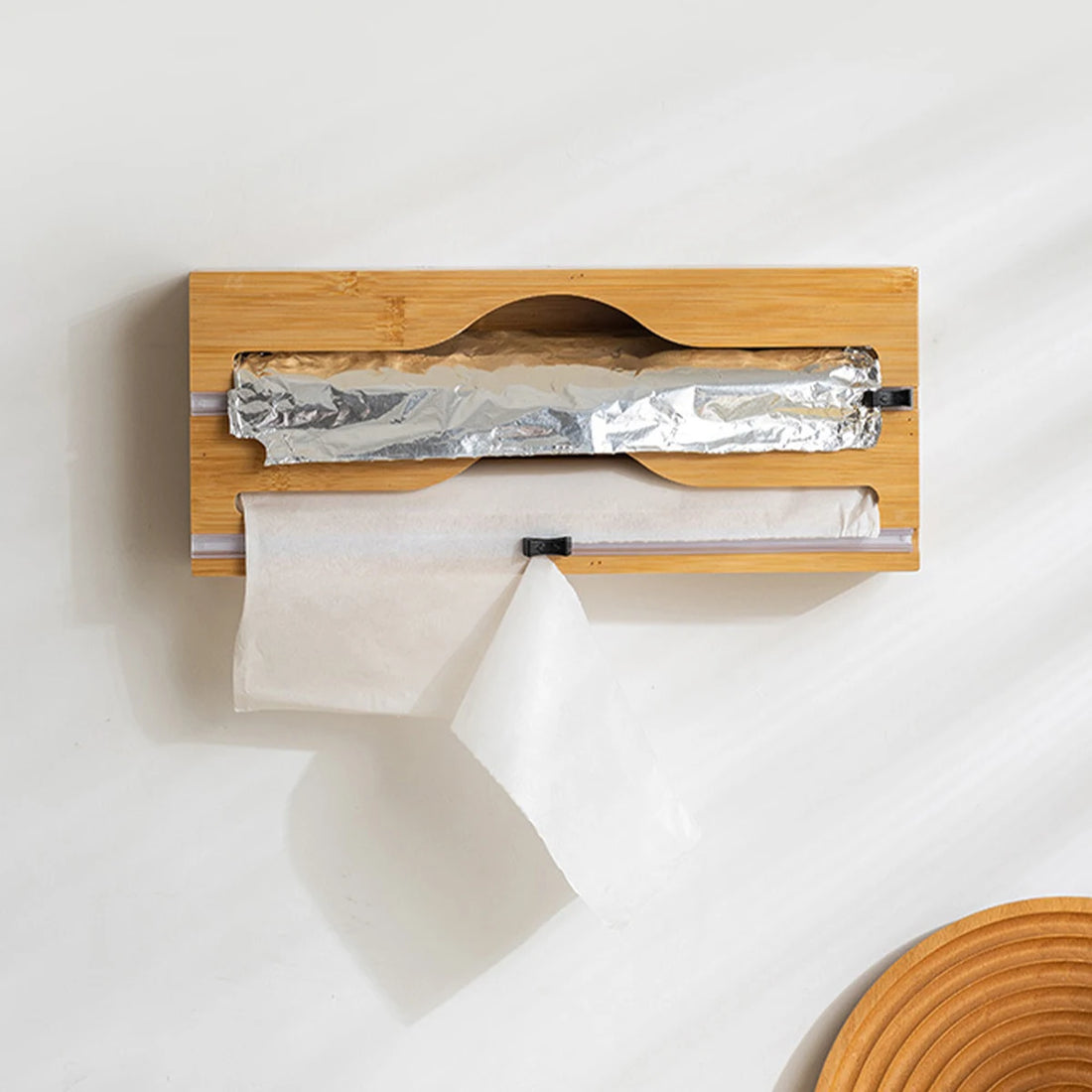 Bamboo Kitchen Wrap Dispenser with Foil & Film Cutter